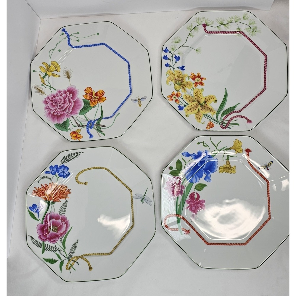 VTG Lynn Chase Flores DINNER PLATE Set of 4 Pink Yellow Blue Orange Ropes 1996
